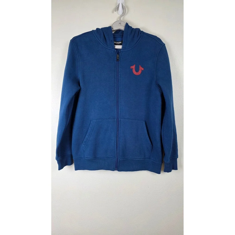 True Religion Hoodie Mens M Blue Full Zip Horseshoe Graphic Sweatshirt Fleece